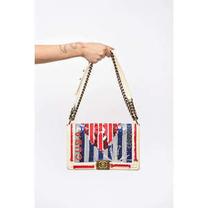 Pre-loved Chanel™ White Leather Red/Blue Cuba Sequin Large Boy Bag